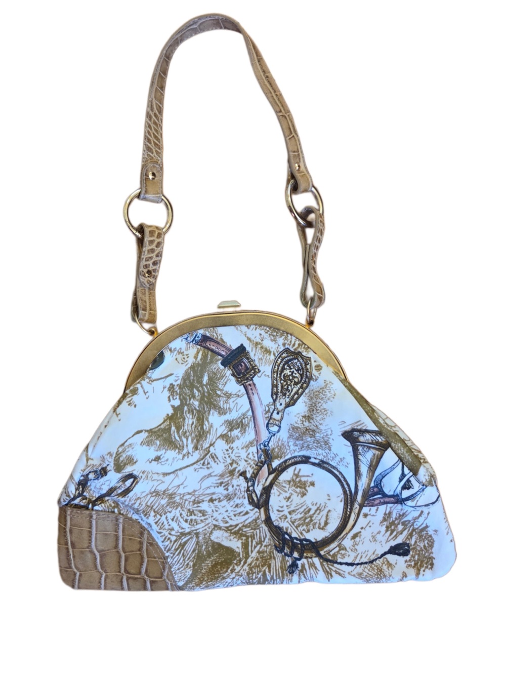 Just Cavalli Gold-Trim Plaid Equestrian Print Top-Handle Bag Shoulder Bag! - Picture 2 of 6
